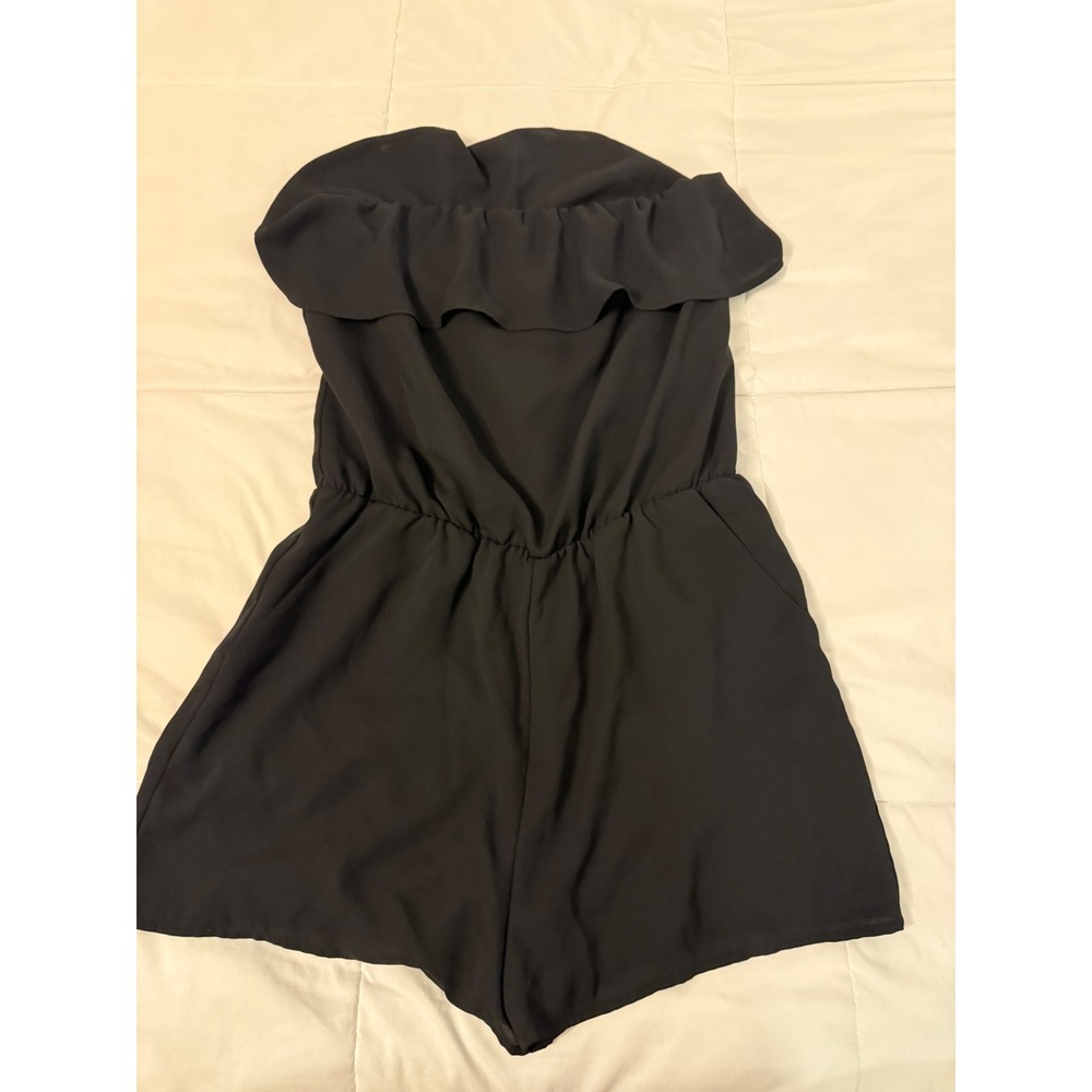 Decree Womens Black Strapless Ruffle Romper Elastic Waist Pockets Size M